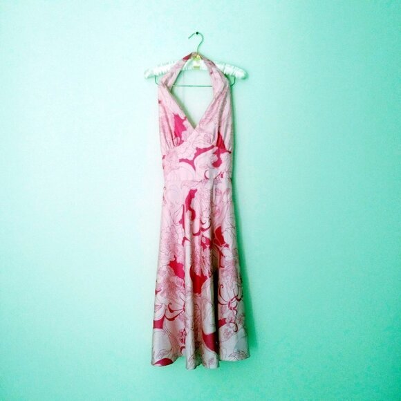 Maggie London Pink on Pink Silk Halter Circle Dress Retro Floral Femme Fun! Sz12 - Picture 1 of 8